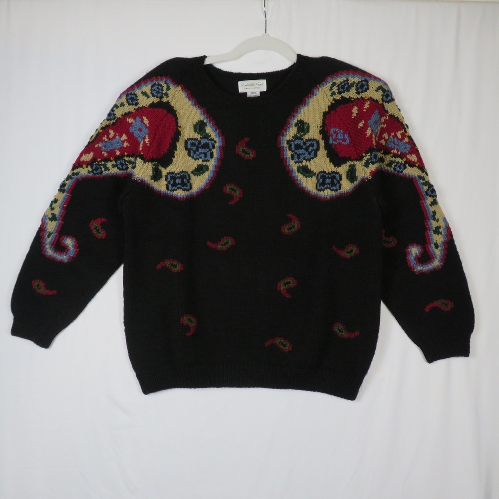 Roberta Frost Hand Knitted Womens Wool Sweater Paisley Floral Black‎ Small